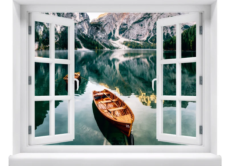 Wandaufkleber - Fenster "Bergsee mit Boot"
