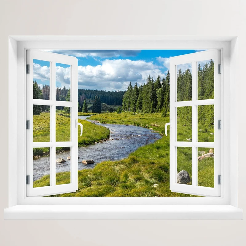 Wandaufkleber - Fenster "Berge und Fluss"