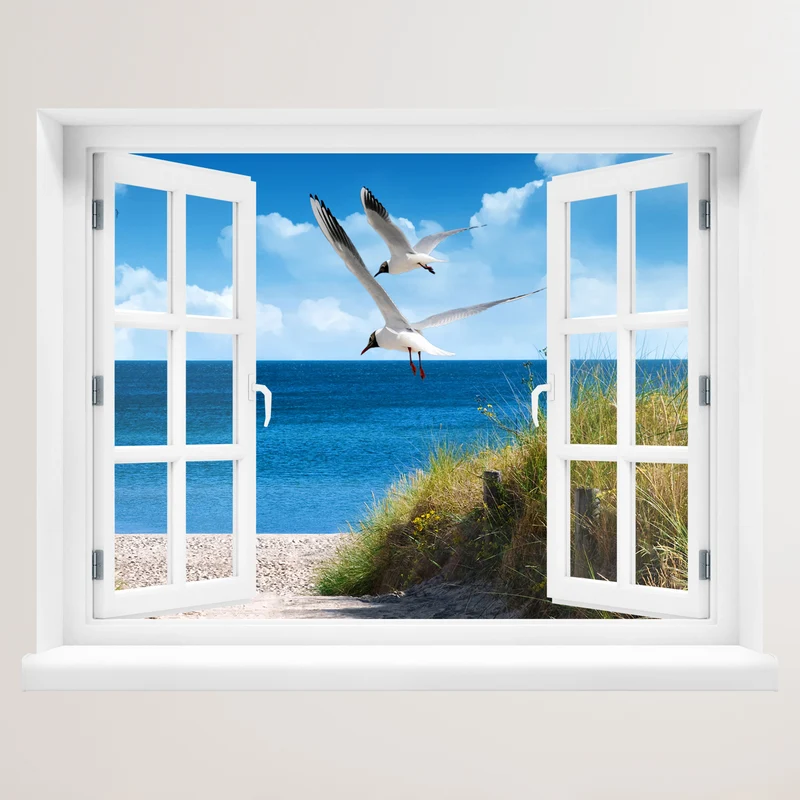 Wandaufkleber - Fenster "Strand mit Möwen"